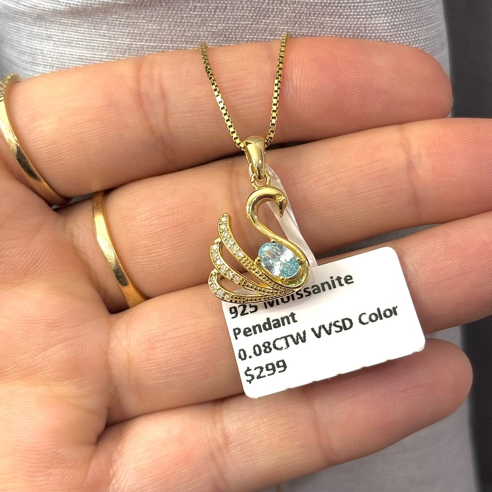 925 Sterling Silver Gold Swan Pendant Necklace with Moissanite Stones
